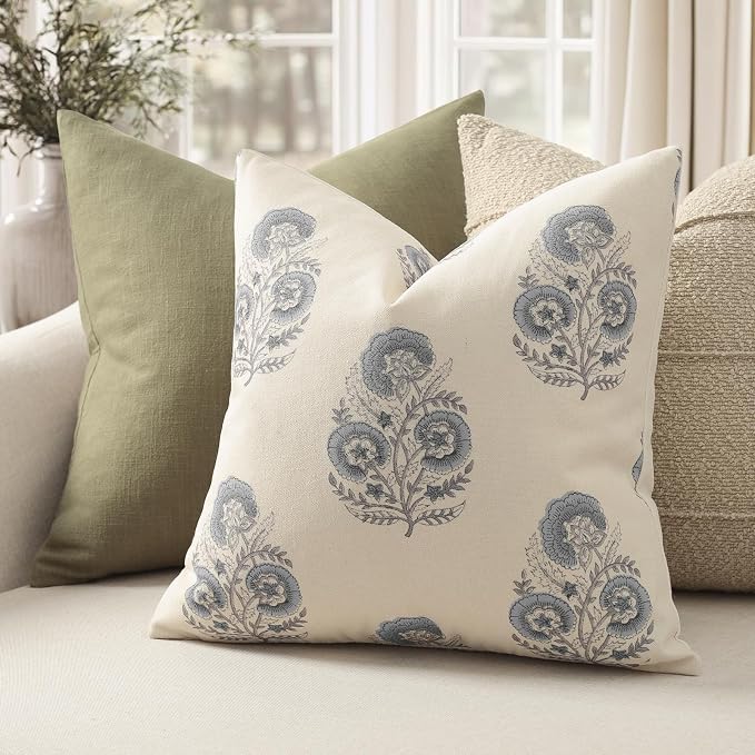 YCOLL Vintage Floral Print Pillow Covers 16x16 Set of 2 Patterned Accent Decorative Cushion Covers Modern Farmhouse Throw Pillow Covers for Sofa Couch Chair Bed Living Room Home Decor, Dusty Blue