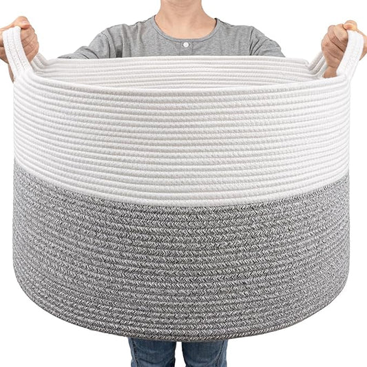 Goodpick Woven Blanket Basket Living Room, Toy Bin for Playroom, 85L | 21.7 x 21.7 x 13.8 In Toy Storage Basket for Nursery, Baby Laundry Hamper for Towels, Clothes, Light & Grey