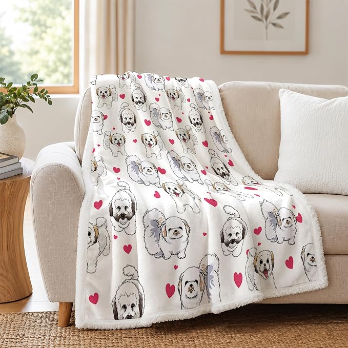 BlessLiving Shih Tzu White Throw Blanket Blanket with | Sherpa; Soft; BlessLiving Shih Tzu White Throw Blanket; with; Dense; Dog; Patterns; Fleece; Couch; Bed; Cozy; Warm; Pet