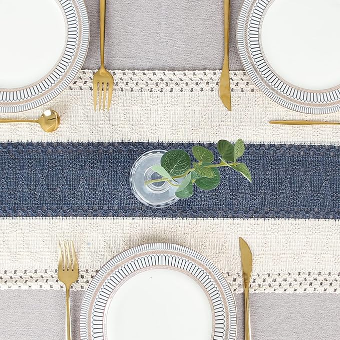 FEXIA Boho Table Runner for Home Decor 12x90 Blue Fall Rustic Decorations | 90 Inches Long with Tassels Macrame Farmhouse Style Party Rustic Wedding Baby Shower Dining Kitchen Living Room Decor
