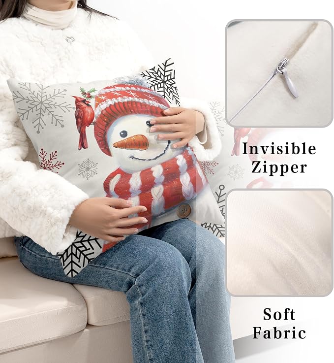 Red Snowman with Cardinal Bird Snowflake Pillow Covers 20x20 Set of 2 Christmas Winter Holiday Throw Pillow Covers Snowman Cushion Case for Living Room Bedroom Sofa