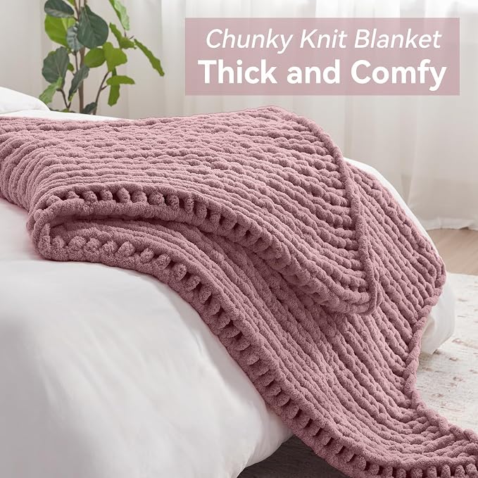 Negwoo Chunky Knit Throw Blanket, Knitted Throw Chenille Yarn, 60"*80" | Soft Thick Cable Knitted Blankets, Handmade Big Thick Blanket, Machine Washable Cute Comfy Blanket for Home Decor, Muted pink