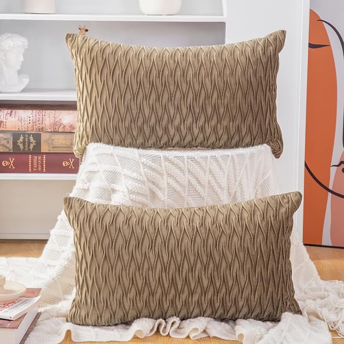 MADIZZ Set of 2 Super Soft Velvet Decorative Throw Pillow Covers 12x20 inch Light Brown Rectangular with Texture Luxury Style Cushion Case Pillow Shell for Sofa Bedroom