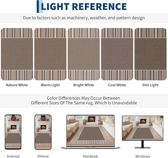 COZYLOOM Washable Rugs 8x10 Easy Jute Area Rug for Living Room, Non Slip Non Shedding Modern Bordered Carpet Stain Resistant Foldable Neutral Striped Mats for Bedroom, Dining Room, Patio, RV, Taupe