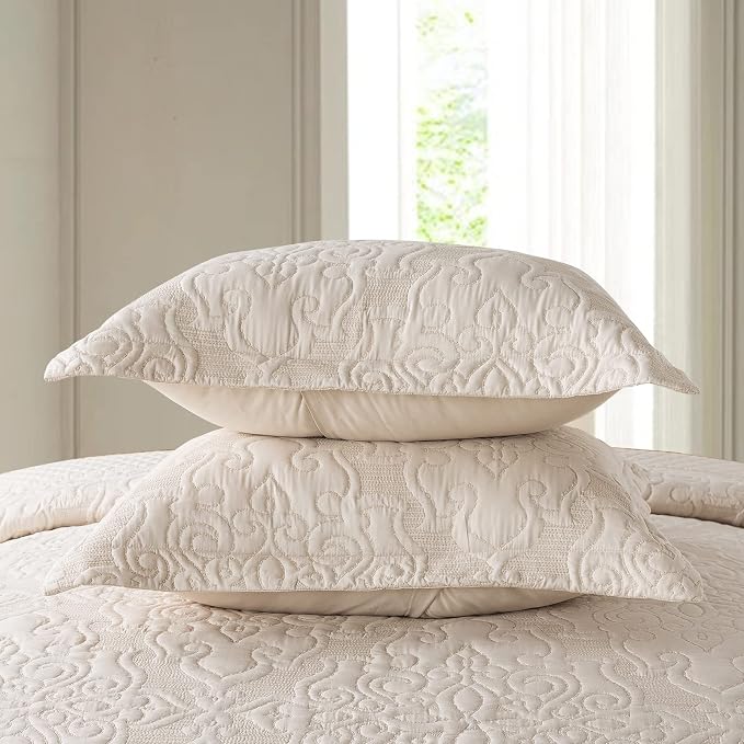 NEWLAKE Quilt Bedspread Set, Beige Jacquard Embossed Floral Pattern Reversible Embroidered Microfiber Coverlet Sets, King Size