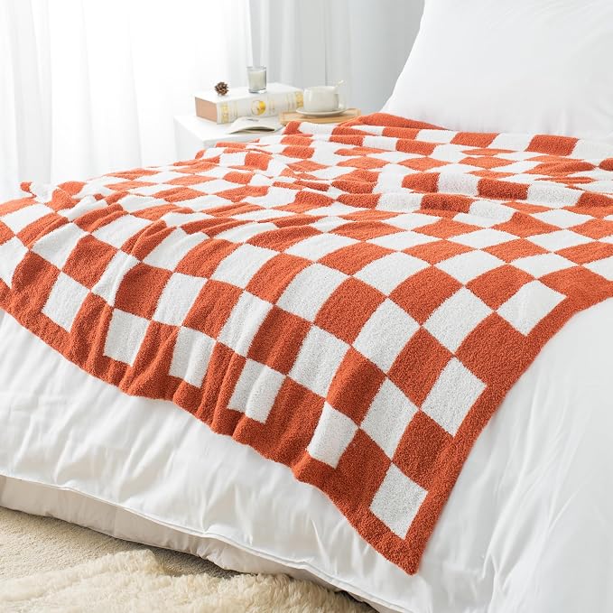 Carriediosa Checkered Throw Blanket 90x90, 400GSM Ultra Soft Microfiber | Rust, Queen, Fuzzy Fluffy Cozy Plush Knitted Plaid Checker, Lightweight Cute Preppy Fall Blankets & Throws for Couch, Bed