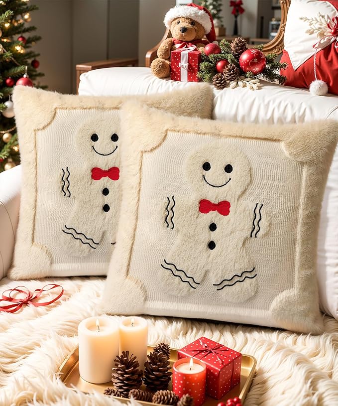 Christmas Pillow Covers Set of 2 Soft Plush Faux Fur Pillow Cases 3D Embroidered Decorative Couch Cover Home Decor Christmas Throw Pillow Covers 18x18,Beige Gingerbread Man