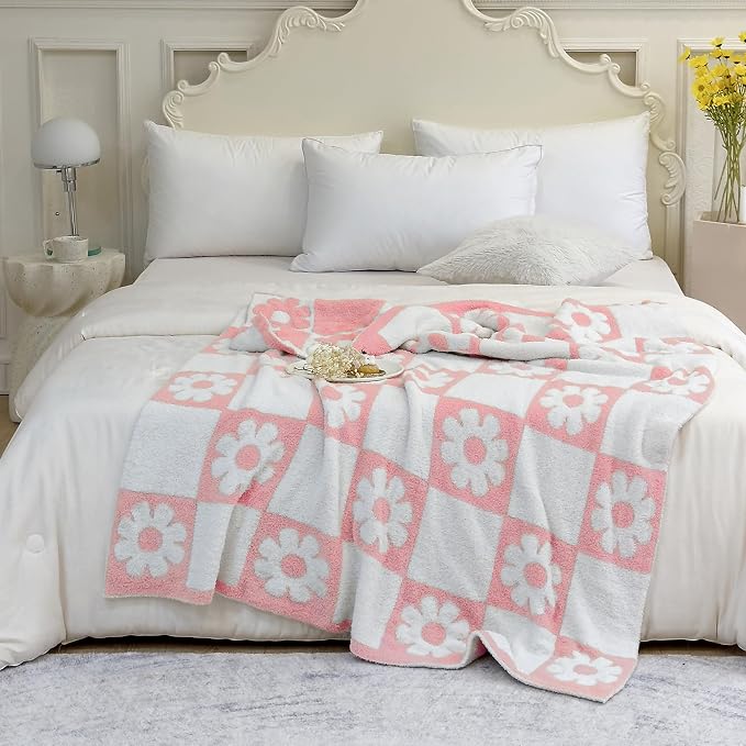Ultra Soft Cozy Checkered Sunflower Knitted Throw Blanket Fluffy Microfiber Checkerboard Bed Blanket Lightweight Both Sides Throw Blanket for Couch Sofa Bed 50"X60" Pink¡­