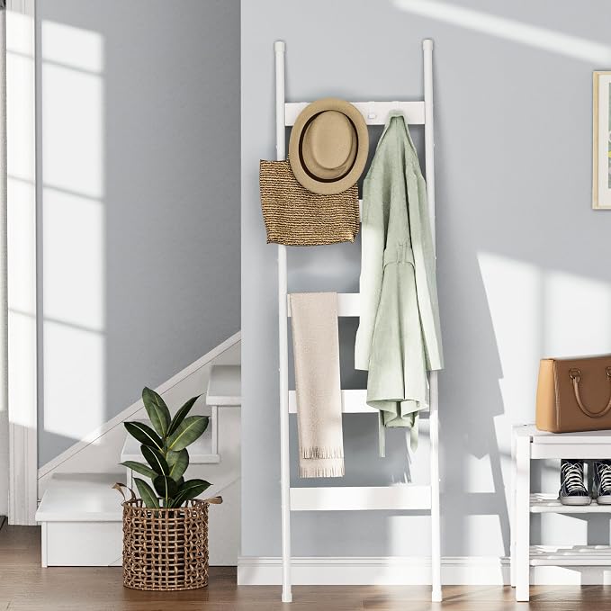 Blanket Ladder, 5-Tier Towel Holder with 4 Removable Hooks, Farmhouse Wall Leaning Decorative Rack Shelf, Wooden Towel Display Rack, Quilt Ladder for Living Room, Bedroom, White
