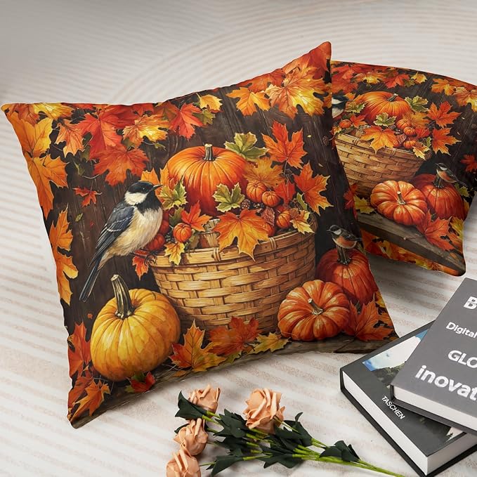 Orange Pumpkin Pillow Covers Autumn Outdoor Pillows Cases Fall Maple Leaf Throw Pillow Covers 18x18 Set of 2 Harvest Thanksgiving Cushion Cases for Home Farmhouse Couch Sofa