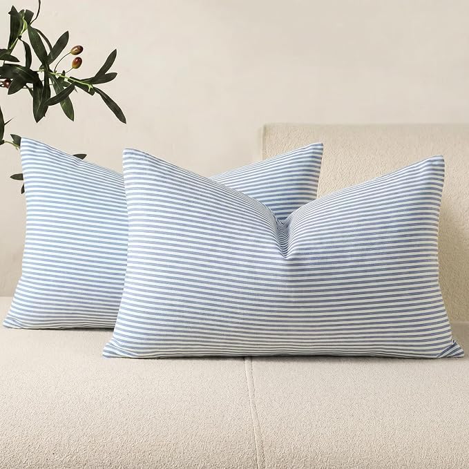 Farmhouse Light Dusty Blue Striped Lumbar Pillow Covers 12x20 Set of 2 | Soft Couch Lumbar Pillow Cover 12 x 20, Blue Aesthetic Room Decor, Outdoor Porch Patio Pillows, Neutral Throw Pillow Covers