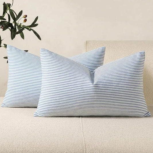 Farmhouse Light Dusty Blue Striped Lumbar Pillow Covers 12x20 Set of 2 | Soft Couch Lumbar Pillow Cover 12 x 20, Blue Aesthetic Room Decor, Outdoor Porch Patio Pillows, Neutral Throw Pillow Covers
