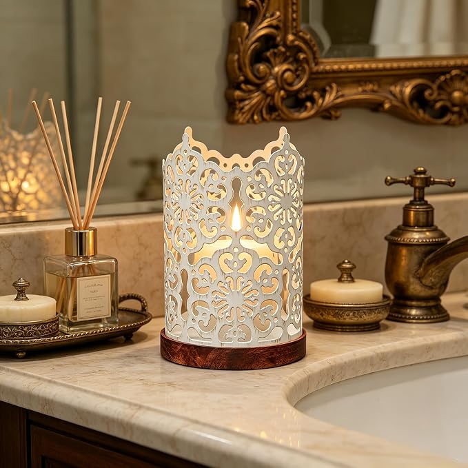 Hosley 7.5" White Metal Candle Holder – Diamond Cut Design Lantern for Home Decor, Weddings, Parties, Events, Gifts & Indoor Outdoor Lighting