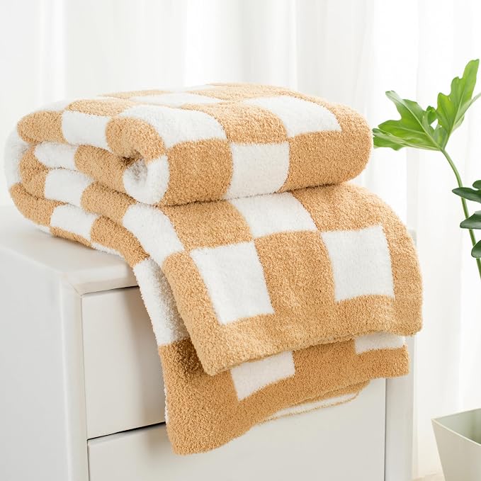 Carriediosa Checkered Throw Blanket 50x60, 400GSM Ultra Soft Microfiber | Tan Brown, Fuzzy Fluffy Cozy Plush Knit Knitted Plaid Checker, Lightweight Cute Preppy Fall Blankets & Throws for Couch, Bed