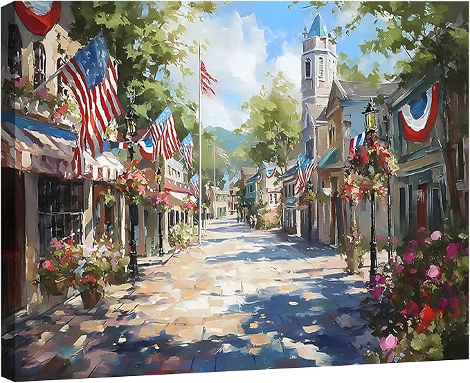 Rustic Patriotic Main Street Wall Art, 4th of July American Town Canvas Prints, Vintage Flag Street Decor for Home, Living Room, Kitchen, Framed Artwork for Bar, Made in USA