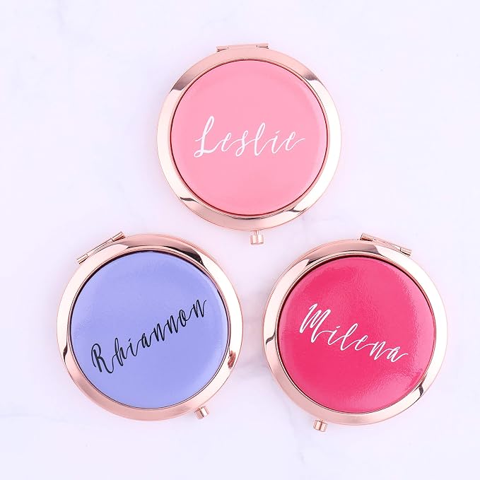 Set of 5-10, Rose Gold Compact Mirrors with Your Name Travel Pocket Mirrors Wife Anniversary Pink Bulk Bridesmaid Gifts