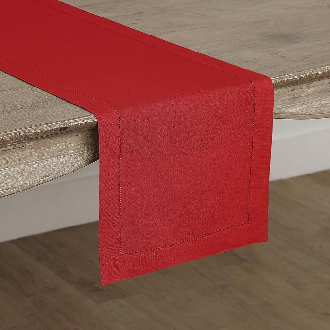 Solino Home 100% Pure Linen Table Runner Red, Classic Hemstitch 14 x 60 in | Table Runners for end tables, coffee tables, small dining tables and dressers, soft plain weave, OEKO-TEX Certified, low iron