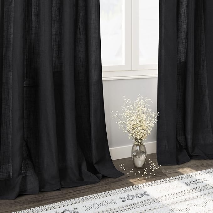 Black Linen Blend Drapes 84 Inch Length 2 Panels Set Back Tab Rod Pocket Light Filtering Privacy Semi Sheer Textured Vertical Curtains Boho Farmhouse Decor Curtains for Living Room Bedroom 40x84