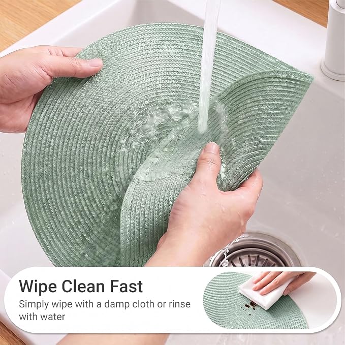 FunWheat Round Braided Placemats Set of 8 Place Mats for Dining Table Woven Washable Non-Slip Table Mats 15 Inch(Fog Green,8pcs)