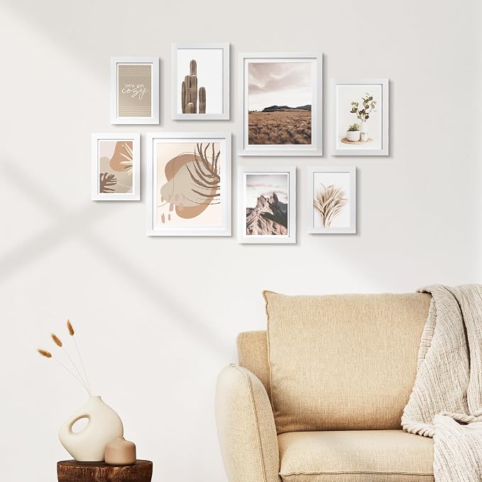 Gallery Wall Frame Set, 8 Pack Neutral Wall Decor, White, Small | Minimalist Collage Picture Frames Wall Art for Living Room, Entryway, Stairway, Bedroom, Assorted Size