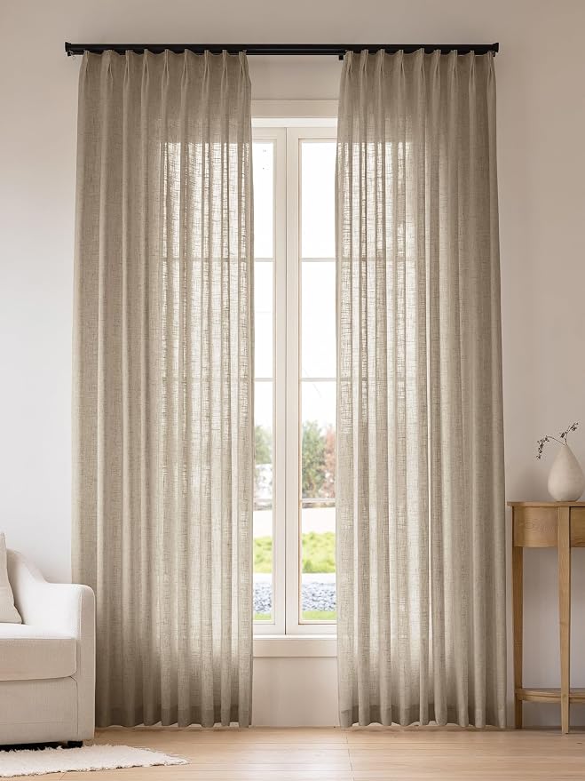 Pinch Pleated Linen Curtains 84 Inch Length 2 Panels, Light Filtering Linen Blend Drapes 40" W x 84" L, Taupe Grey Neutral Curtains for Living Room Bedroom with Hooks