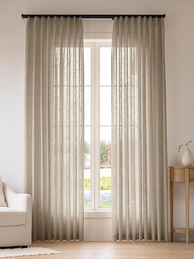 Liz Pinch Pleated Linen Curtains Light Filtering Curtains for Living Room, Farmhouse Window Curtains for Bedroom, Modern Drapes with Hooks and Rings, 102 Inches Long, Taupe Grey, 2 Panels Set