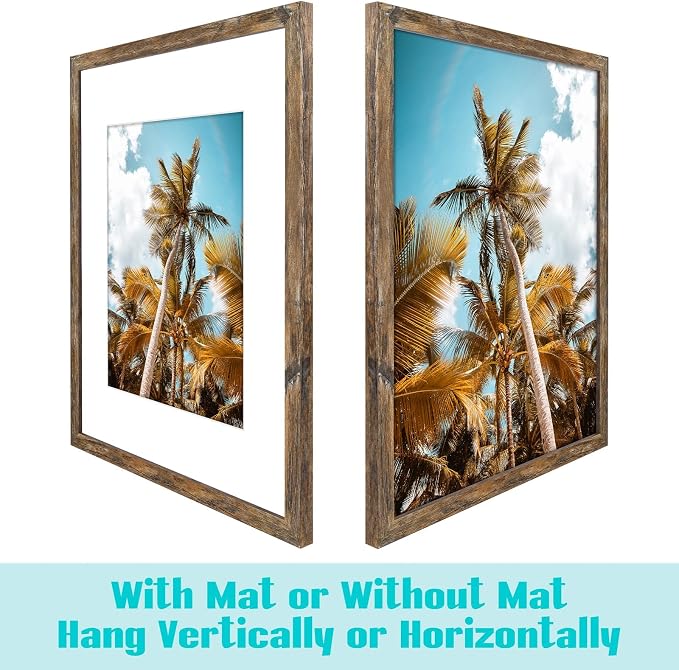 Frametory 16x20 Rustic Brown Picture Frame with Real Glass Mat for 11x14