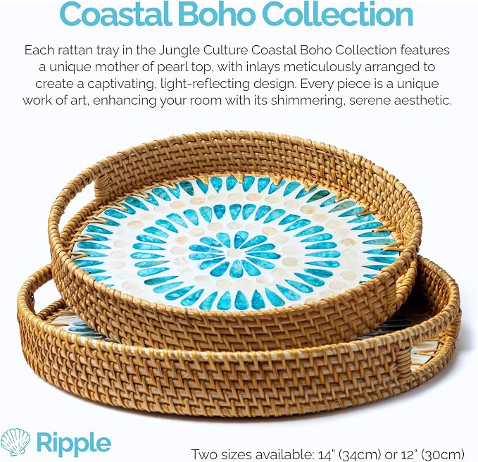 JUNGLE CULTURE Round Rattan Tray with Mother of Pearl Inlay • Ripple 12”