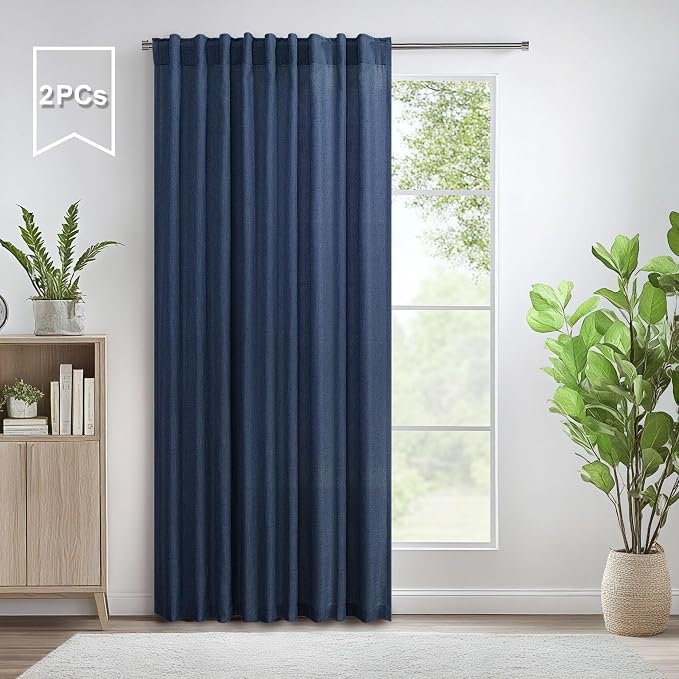 Navy Blue Linen Curtains 60 Inch Wide Back Tab Semi Sheer 2 Panels
