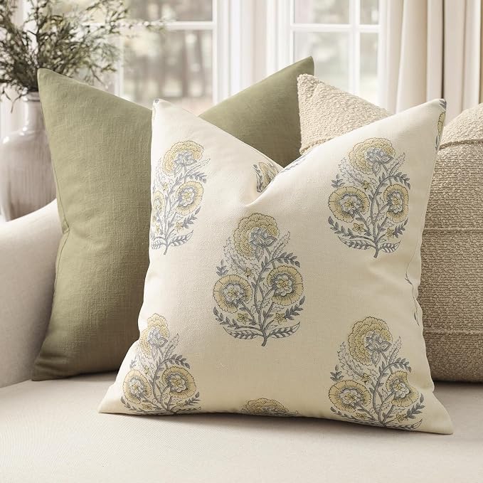Summer Vintage Floral Print Pillow Covers 22x22 Set of 2 Patterned Accent Decorative Cushion Covers Modern Farmhouse Throw Pillow Covers for Sofa Couch Chair Bed Living Room Home Decor, Mellow Yellow