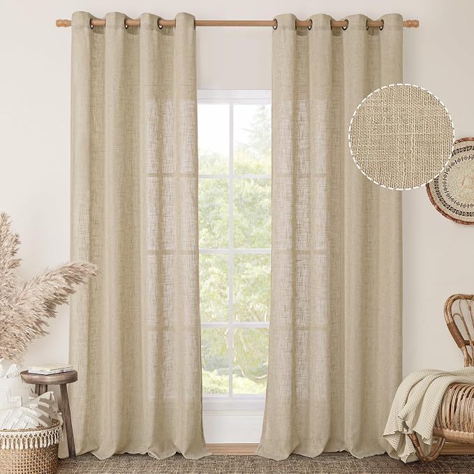 Linen Sheer Curtains for Living Room 84 Inch Length 2 Panels | Brown, Light Filtering, Curtains for Bedroom, Farmhouse Boho, Burlap, Drapes for Dining Room, Bronze Grommet, 52 X 84 Inch