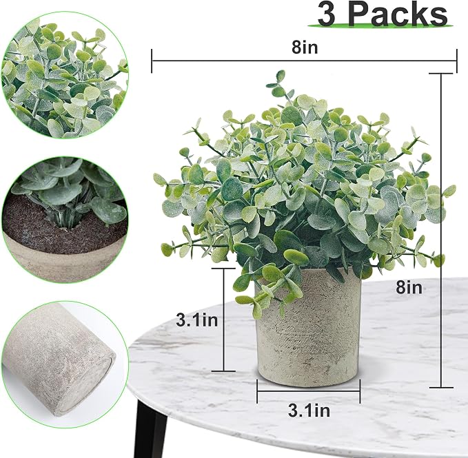 USLAI 3 Pack Fake Plants, 8-Inch Small Potted Eucalyptus Artificial Plants for Home Office Room Shelf Desk Decor