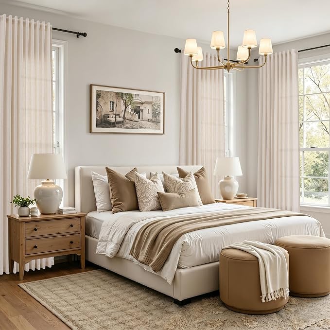 Extra Long Linen Curtains 102 Inches for Living Room Back Tab Semi Sheer Floor to Ceiling Light Filtering Curtain Boho Farmhouse Decor Window Drapes for Bedroom 2 Panels Cream Beige