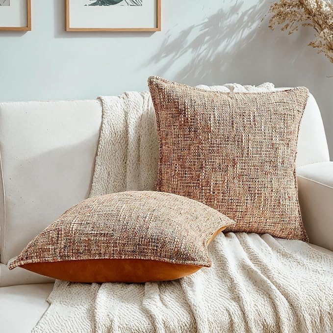 HAUSSY Pack of 2 Chenille Tweed Throw Pillow Covers 22x22 Inch, Rust