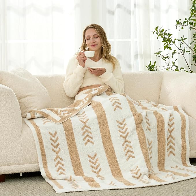 Snuggle Sac Beige Boho Throw Blanket, 50x60 Soft Reversible Fuzzy Knit Throw for Couch, Sofa, Bed, Travel, Cozy Plush Microfiber Blanket for Neutral Home Decor & Gifts