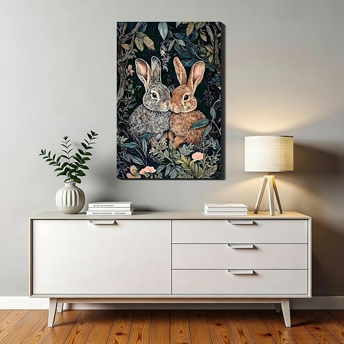 Vintage Framed Easter Canvas Wall Art 8x12, Retro Two Bunnies Pictures Wall Decorations Indoor, Rustic Spring Wall Decor with Cute Rabbit & Florals for Bedroom Living Room Office