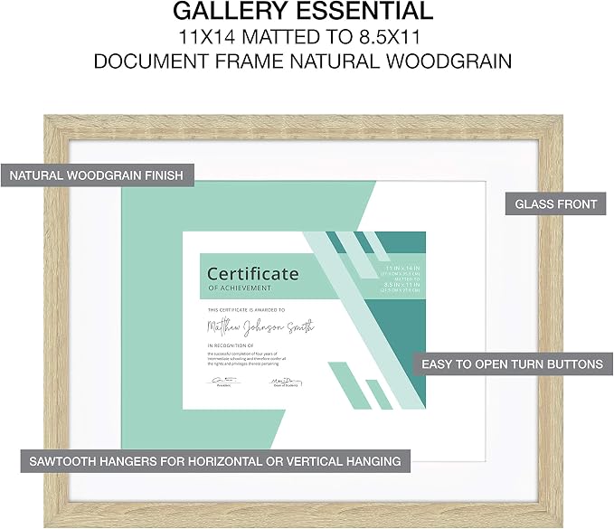 MCS Gallery Essential 11x14 Matted Diploma Frame with 8.5x11 Opening, Natural Woodgrain Picture Frame for Gallery Wall, Documents, Awards & Certificates (2-Pack)