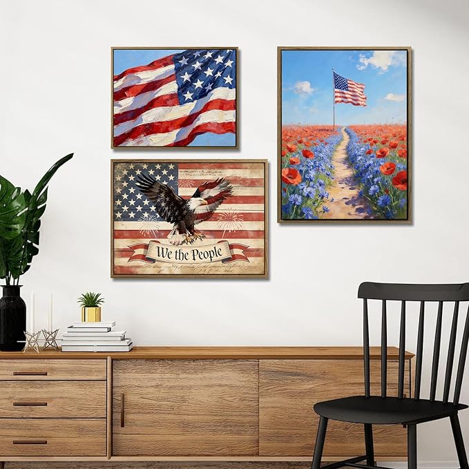 American Flag Framed Canvas Wall Art, 4th of July Patriotic Canvas Prints | Wildflower Field Landscape Poster Print, Vintage Rustic Independence Day Wall Decor for Bedroom Living Room 24×36in