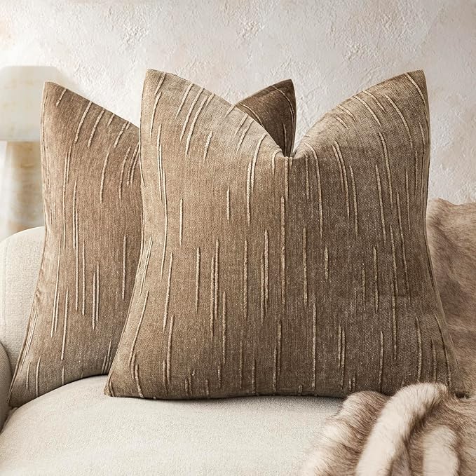 Foindtower Pack of 2 Slubby Textured Chenille Throw Decorative Pillow Covers Square Accent Solid Cushion Cover Cozy Neutral Farmhouse Pillow Case for Couch Sofa Bedroom Living Room 24x24 Inch,Brown