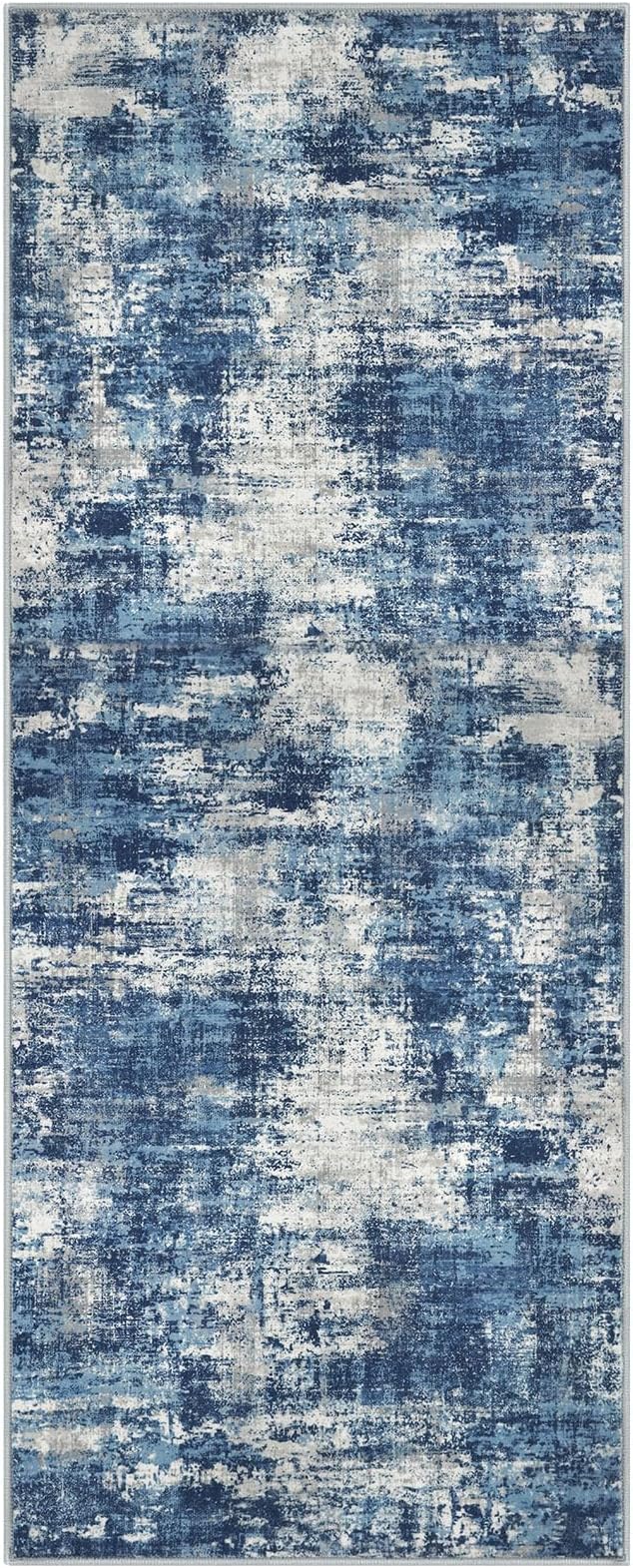 Lansny Abstract Washable Kitchen Runner 2x5 Runner Rug Non Slip for Hallway | Blue;Thin Printed Faux Wool Entryway Runner Indoor;Hallway Runner Rug;Rubber Backed 5ft Floor Carpet Runners;Bedroom Runners