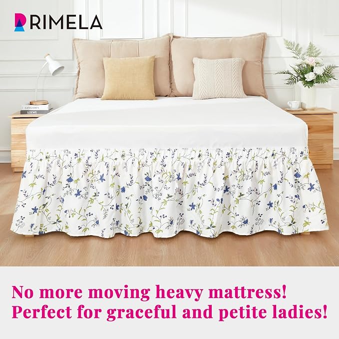 Sweet Blueberry Bed Skirt Queen 15" Drop, Elastic Wrap Around Bedskirt | Solid Ruffled, Easy to Use, No Mattress Lifting, Wrinkle & Fade Resistant, with Adhesive Strips, Machine Wash/Dry/Iron