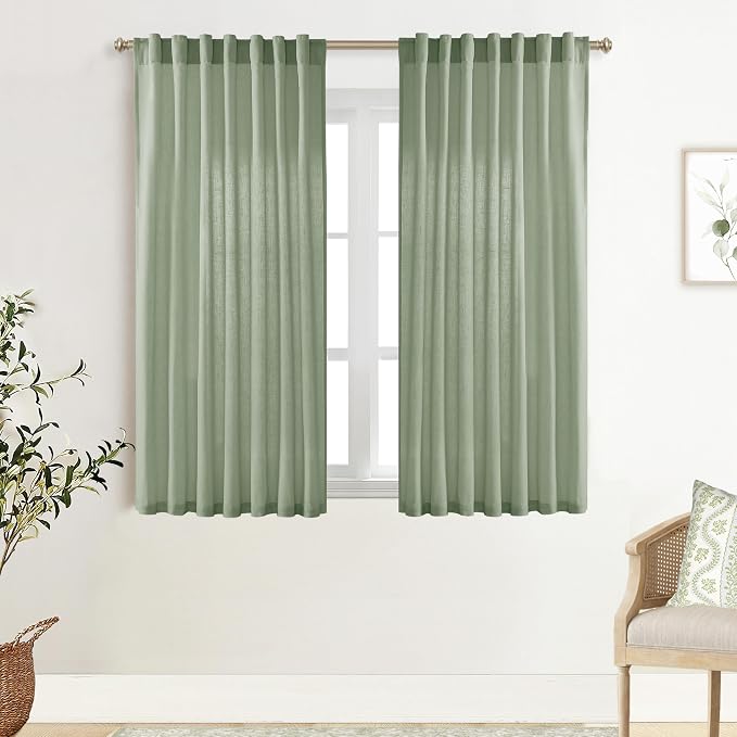 XTMYI Sage Green Back Tab/Hook Belt Linen Cotton Sheer Curtains 45 Inch Length for Bathroom Bedroom 2 Panels Set