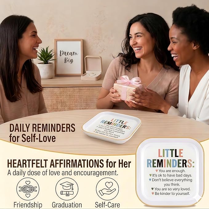 Self Care Gift for Women, Friends & Coworkers, Daily Affirmations Ring Dish