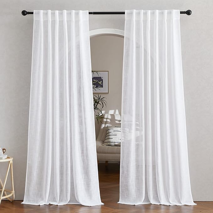 NICETOWN White Linen Sheer Curtains and Drapes 84 inches Long, Rod Pocket & Back Tab semitransparent with Light Through Vertical Window Treatments for Sliding Glass Door & Living Room, 52"W, Set of 2
