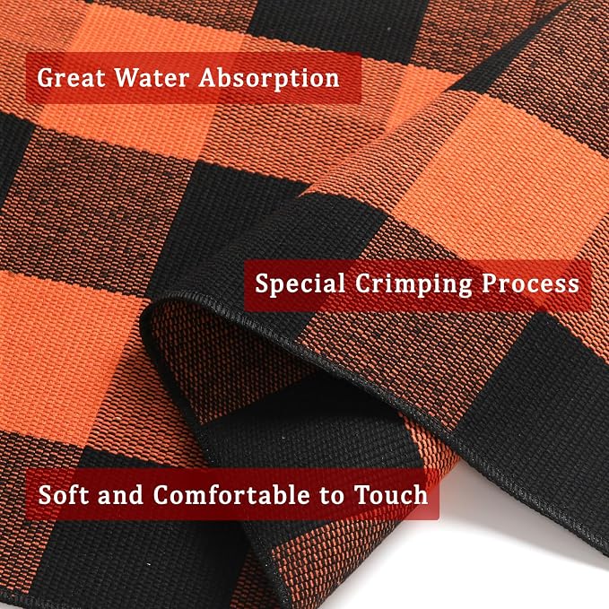 Buffalo Plaid Outdoor Rug 3x5 Ft Orange and Black Checkered Area Rug Halloween Washable Doormats Fall Indoor Outdoor Rugs for Layered Front Door Mats, Porch, Entryway, Kitchen, Farmhouse