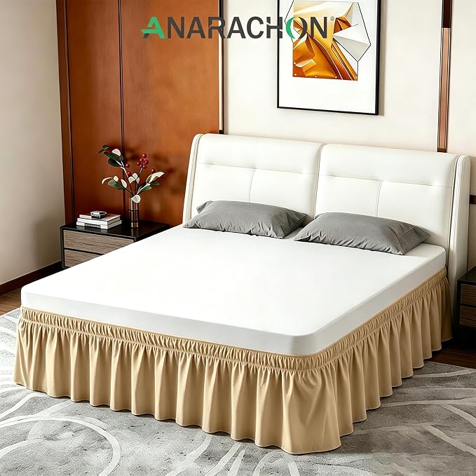 ANARACHON King Bed Skirt, Elastic Wrap Around Bed Skirt King Size, Bed Skirts for Adjustable Bed, Easy Fit with 14" Drop Length Tailored Drop Dust Ruffle (Gold)