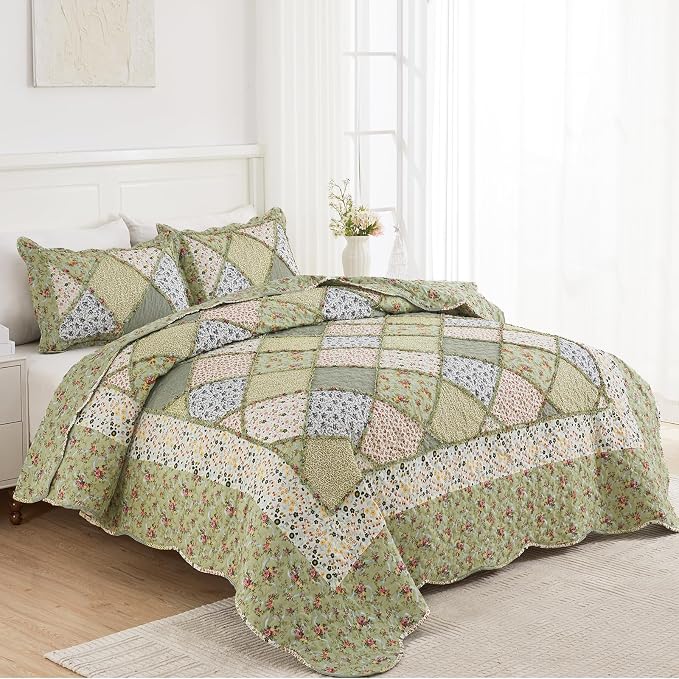 Full/Queen Size Quilt Set Green Floral Patchwork Bedspreads Coverlet Set | VIVILINEN 3-Piece Reversible Floral Bedding Set Lightweight Comforter Queen Bed Sheet Set Cover Blanket with 2 Pillow Shams