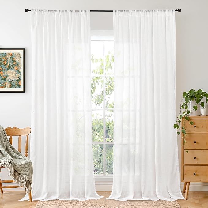 BGment White Linen Curtains 52X96 Inches Long for Living Room 2 Panel | Semi Sheer Light Filtering Drapes with Rod Pocket for Bedroom Floor Length Lightweight Rustic Window Treatments