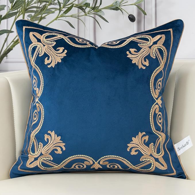 Aeckself European Floral Pillow Cover 18x18 Inch, Luxury Velvet Embroidered Decorative Throw Pillow Cover for Couch Bedroom Living Room, Navy Blue and Gold, Yw-OBYG-Blue4545
