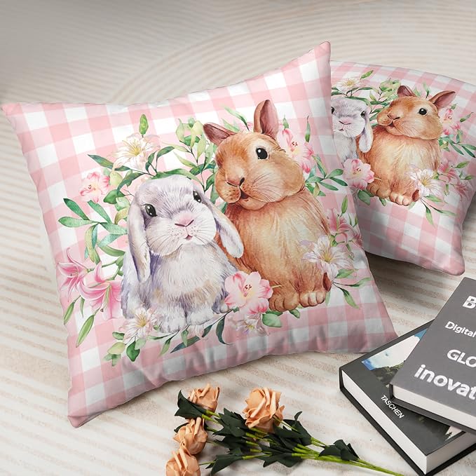 Spring Easter Pillow Covers 20x20 Pack of 2 Lovely Rabbit with Lily Flower Throw Pillow Covers Pink Plaid Bunny Pillow Case for Spring Easter Decoration Sofa Patio Garden